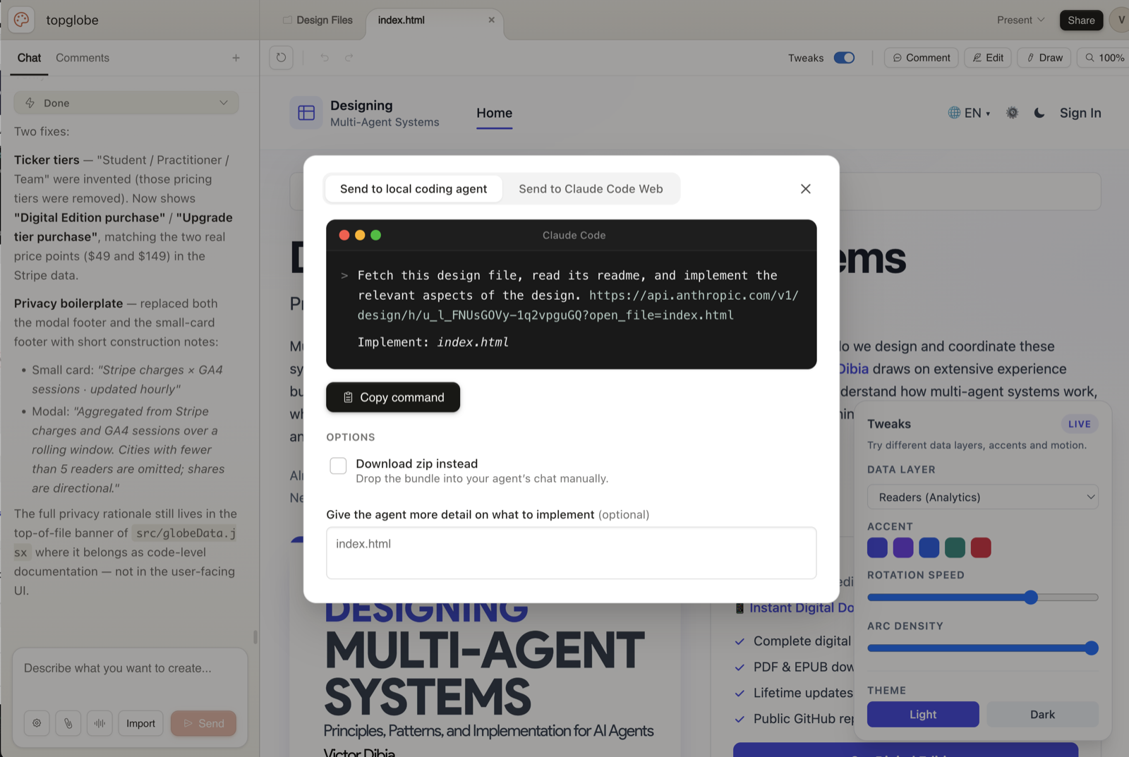 The "Send to Claude Code" handoff dialog with two options: "Send to local coding agent" and "Send to Claude Code Web", plus a code snippet preview and an instructions field
