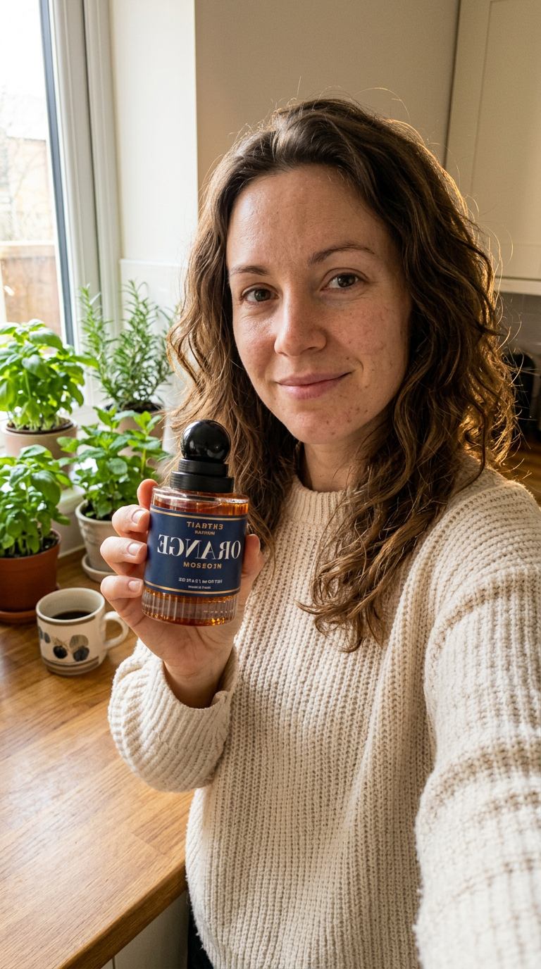 A synthetic 32-year-old woman in a cream knit sweater in a sunny kitchen with plants, holding a cologne bottle up to a selfie-style phone camera