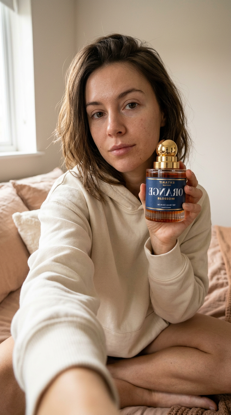 A synthetic 24-year-old woman in a cream hoodie on her bed, holding a cologne bottle up to a selfie-style phone camera