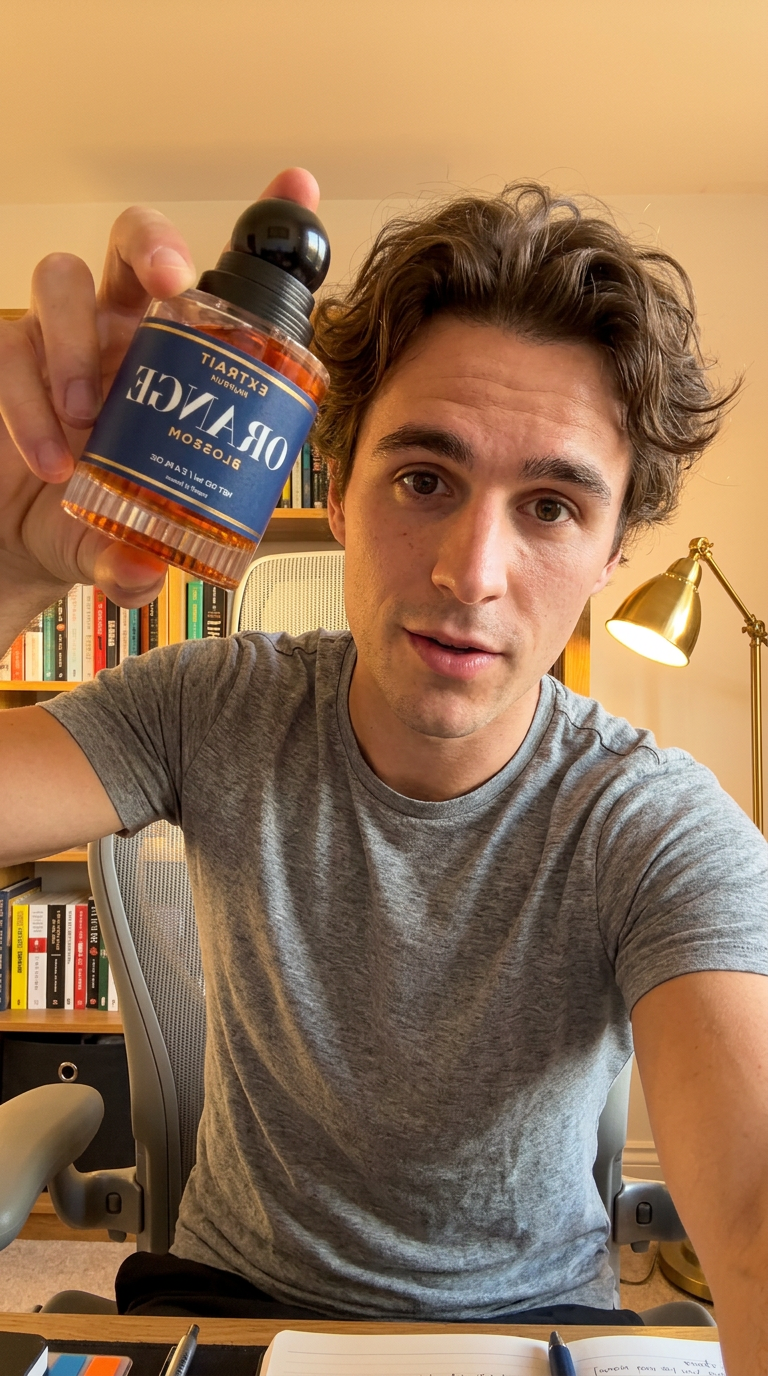 A synthetic 26-year-old man in a heather-grey t-shirt at a desk with a warm lamp and bookshelf behind him, holding a cologne bottle up to a selfie-style phone camera