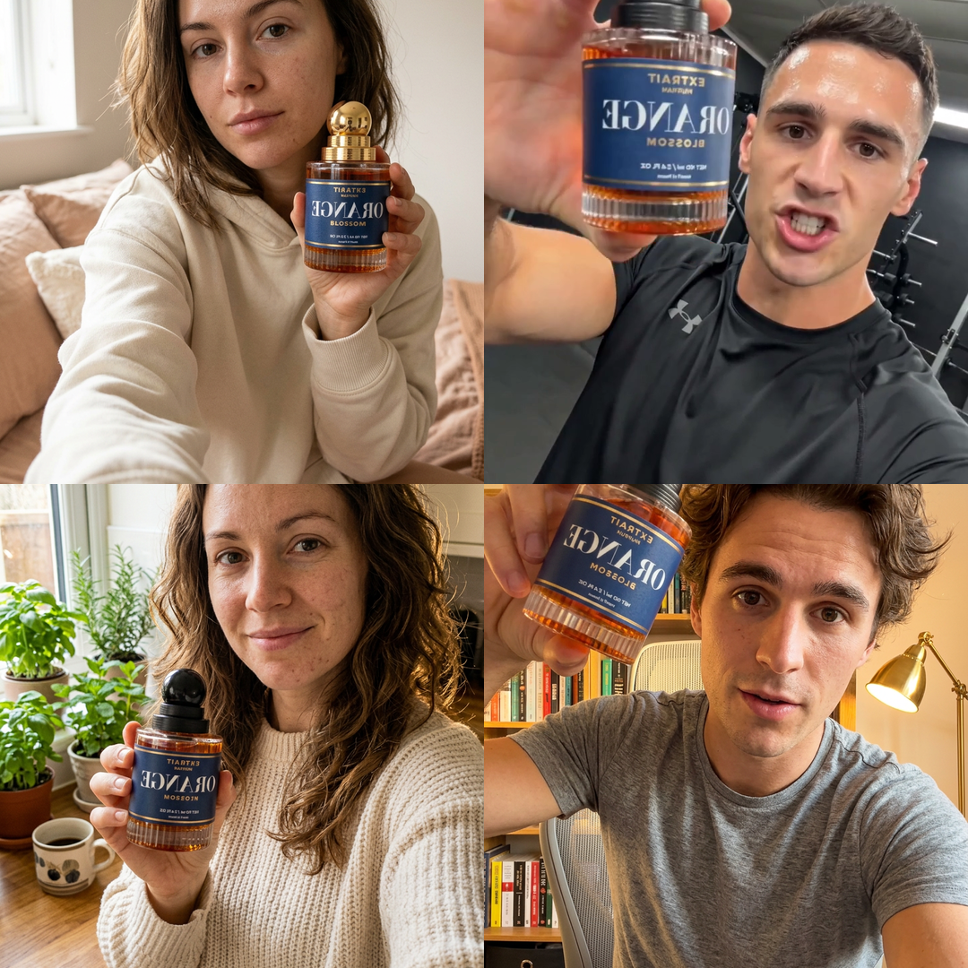 Editorial card for the guide: bold headline "Faceless UGC, real creators" alongside a 2x2 grid of four phone-shot selfie stills (girl on bed, gym bro post-workout, mom in kitchen, tech guy at desk) each holding the same product can up to the lens
